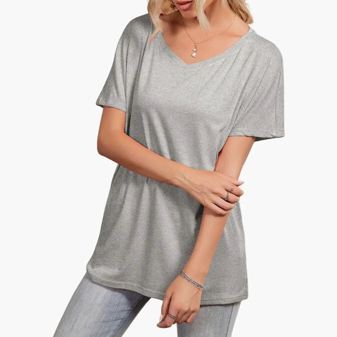 Women’s Oversized Crew Neck Asymmetrical Hem Short Sleeve T-Shirt by Wilfred Smith in gray heather