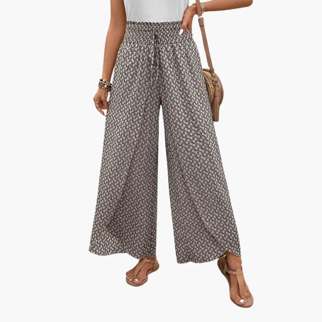 Women’s Palazzo Pants by Wilfred Smith, elastic waistband, printed geometric pattern, wide-leg trousers.