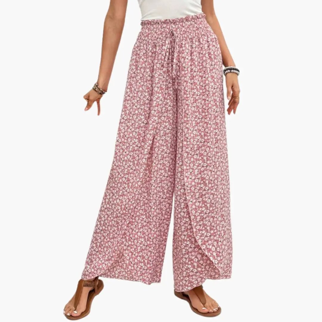 Women’s Palazzo Pants with elastic waistband in pink floral print, wide-leg trousers