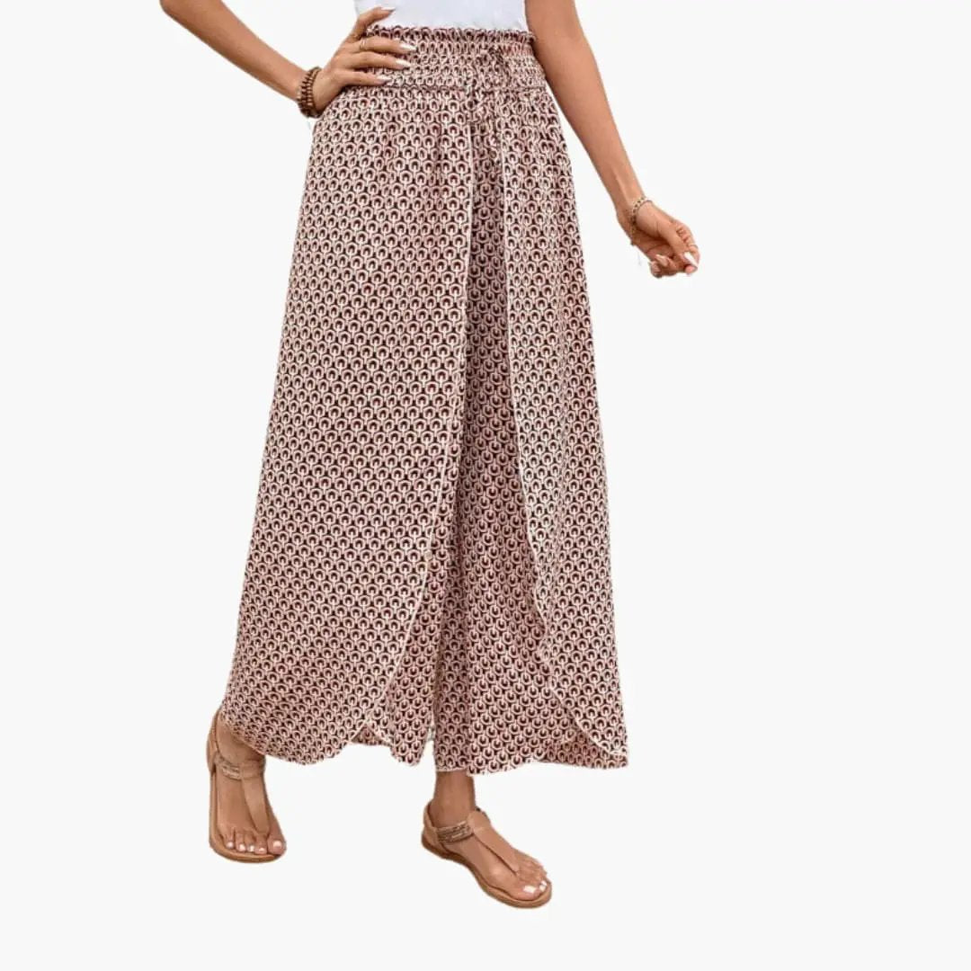 Women's Palazzo Pants with elastic waistband in brown geometric print by Wilfred Smith