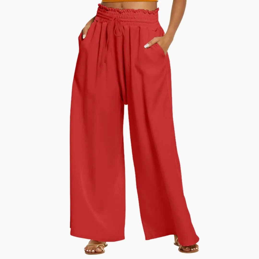 Women's Palazzo Pants with elastic waistband and drawstring in red, wide-leg trousers with side pockets.