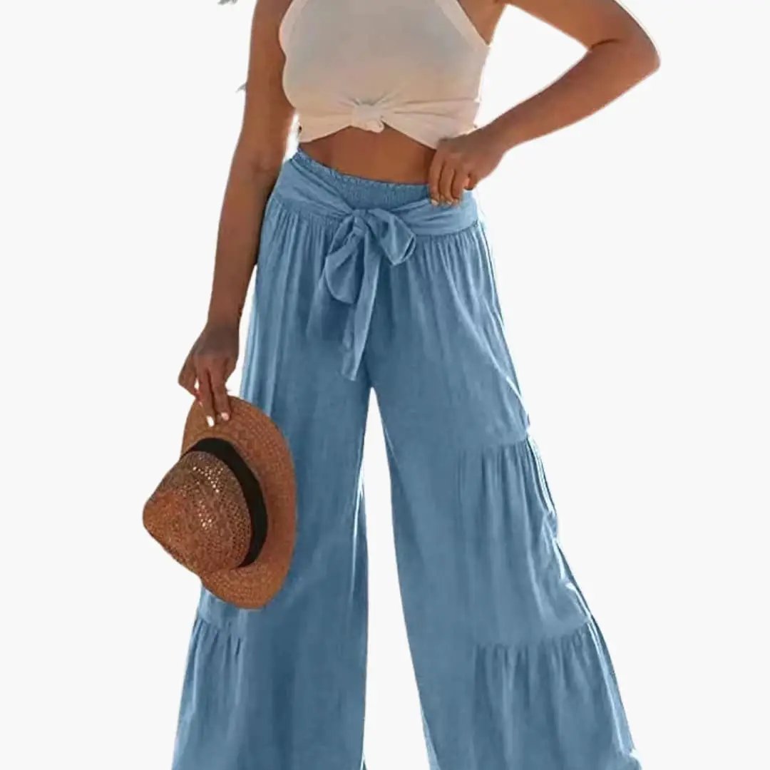 Women’s Palazzo Pants by Wilfred Smith in light blue with elastic waistband and tie belt