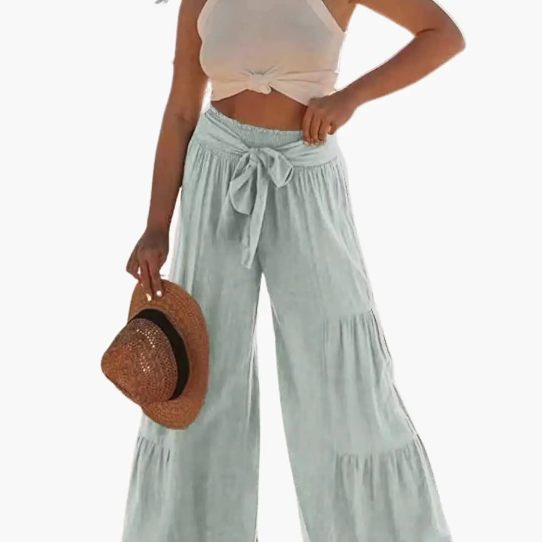 Women’s Palazzo Pants with Elastic Waistband and Tie Belt in light blue, wide-leg trousers.
