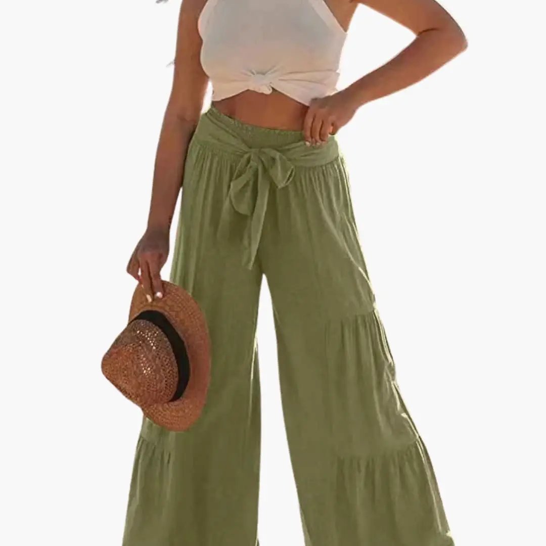 Women’s Palazzo pants with elastic waistband and tie belt in olive green by Wilfred Smith
