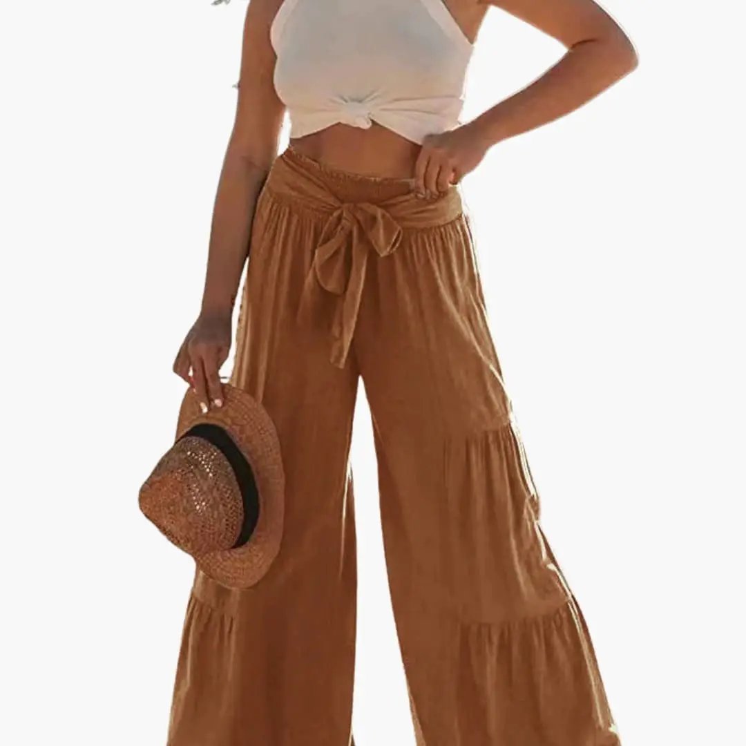 Women’s Palazzo Pants with Elastic Waistband and Tie Belt, tan wide-leg trousers