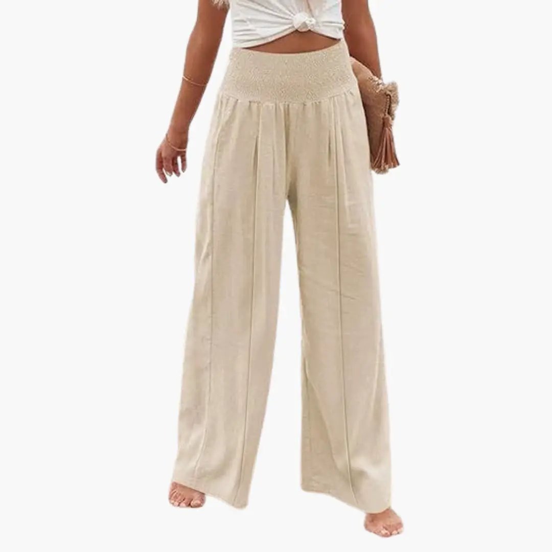 Women's Palazzo Pants with High Waist and Pleated Front in Beige