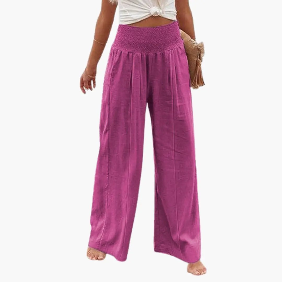 Women's Palazzo pants with high waist and pleated front in magenta, wide-leg trousers.