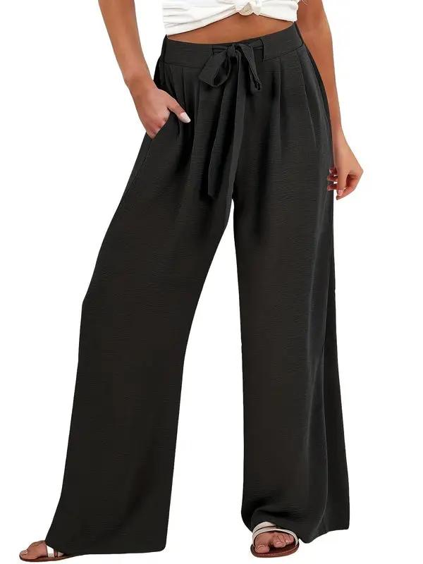 Women's Palazzo Pants with Tie Waist, black, wide-leg trousers