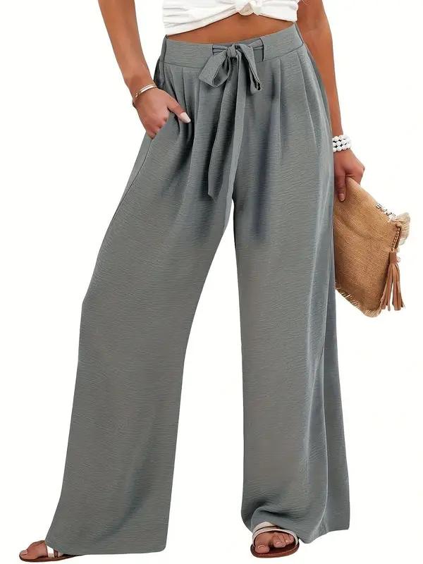 Women's palazzo trousers with tie waist in gray, full-length wide-leg silhouette