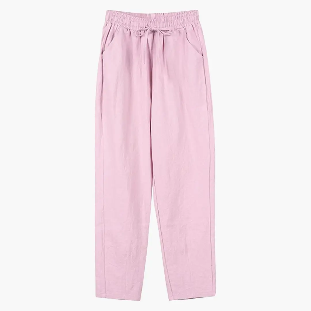 Women's pants with drawstring waist and rolled hems in pink by Wilfred Smith, trousers