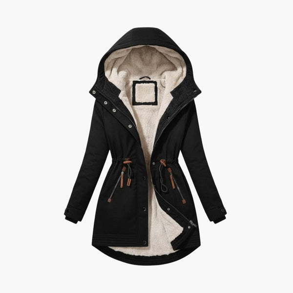 Women's parka jacket with lined hood - front zipper and snap