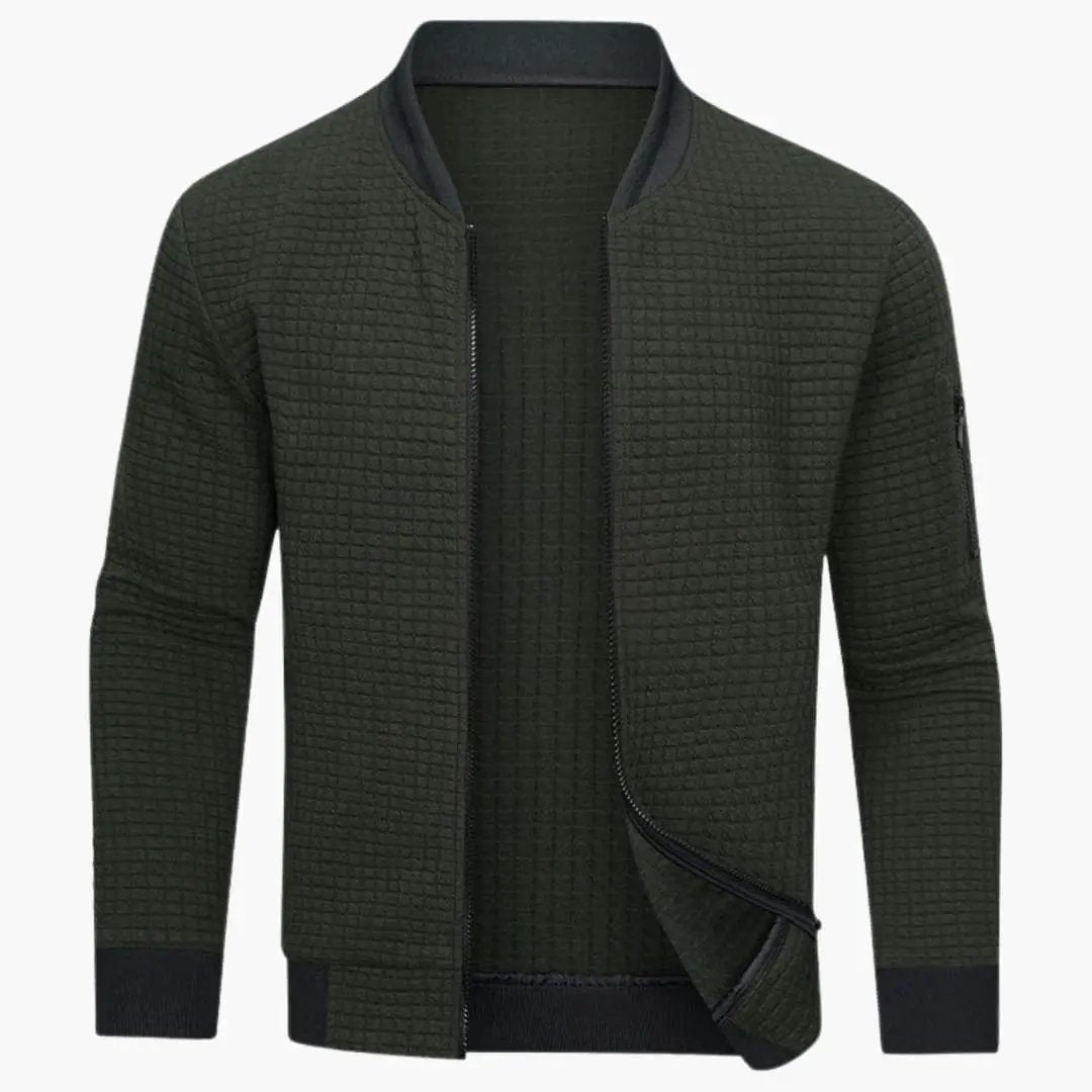 Women’s Plain Woven Bomber Jacket in olive green with quilted grid pattern and long sleeves