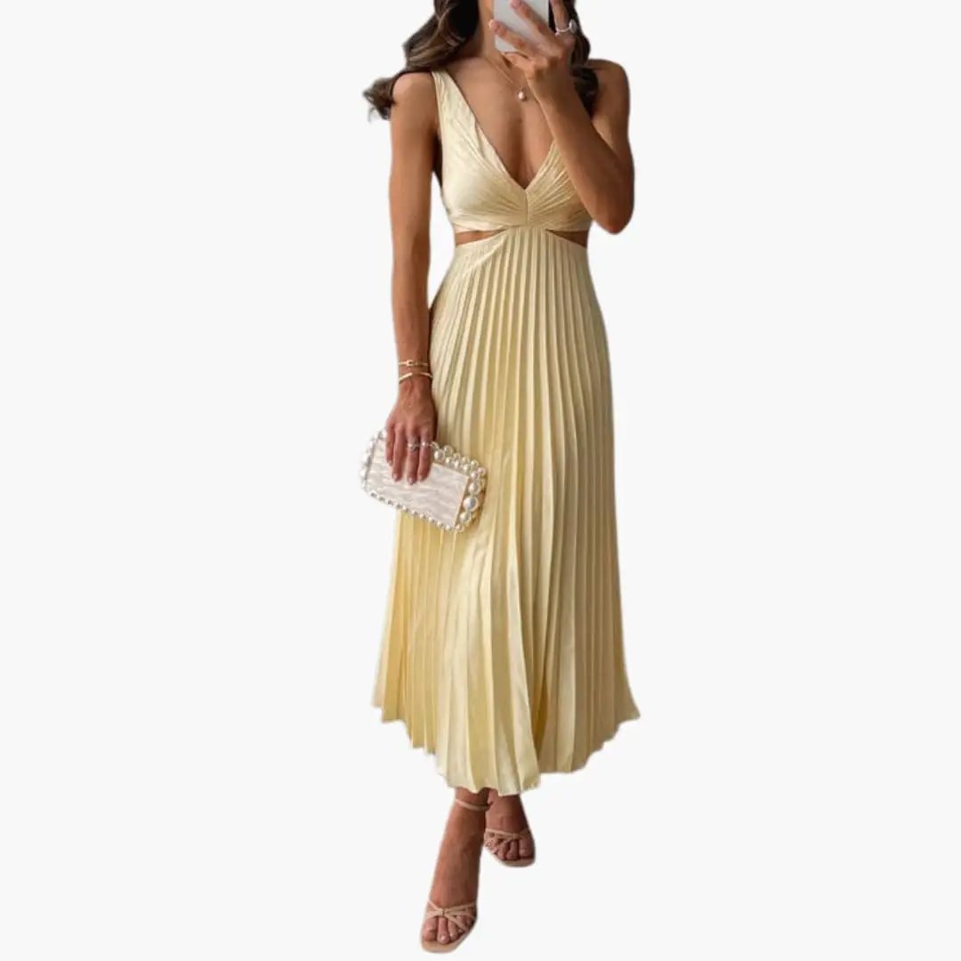 Women's pleated satin dress in pale yellow with round neckline and midi-length skirt