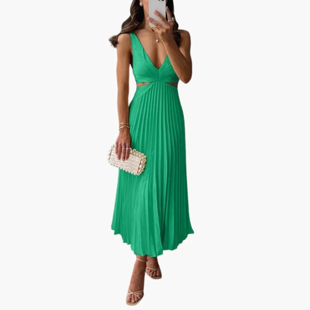 Women’s emerald-green pleated satin dress with waist cutouts, sleeveless straps, midi length
