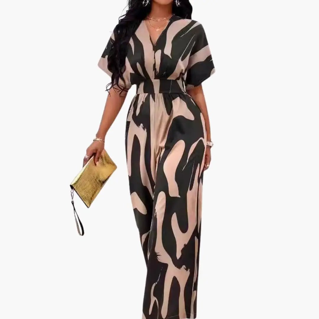 Women’s Jumpsuit by Wilfred Smith with black beige abstract print, V-neck and waist belt, wide-leg