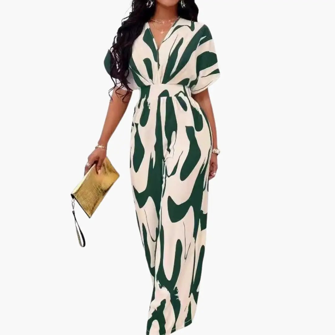 Women’s Jumpsuit by Wilfred Smith in green and cream abstract print with V-neck, waist belt, wide-leg