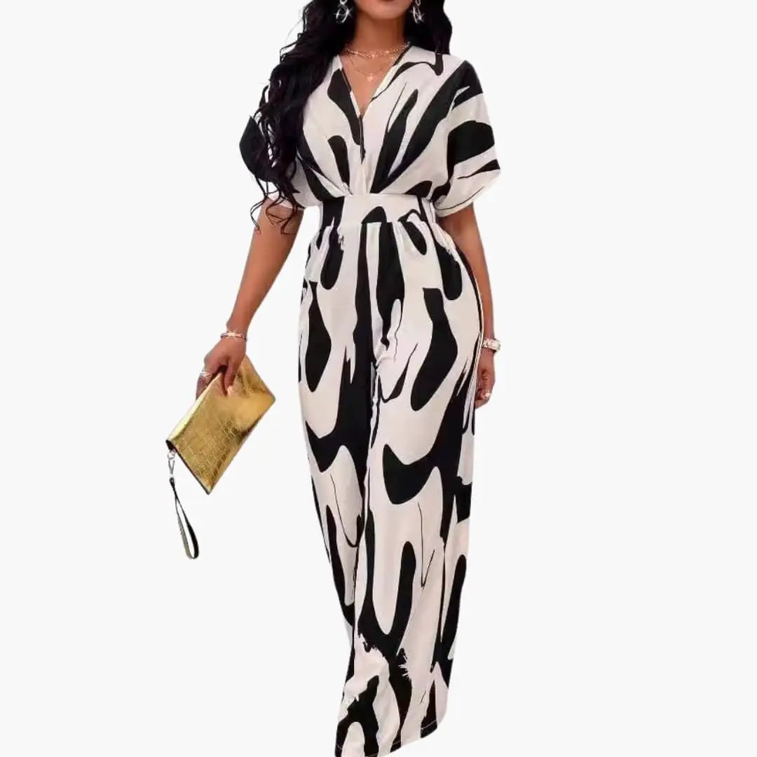 Women’s printed wide-leg jumpsuit with V-neck and waist belt in black and beige abstract print