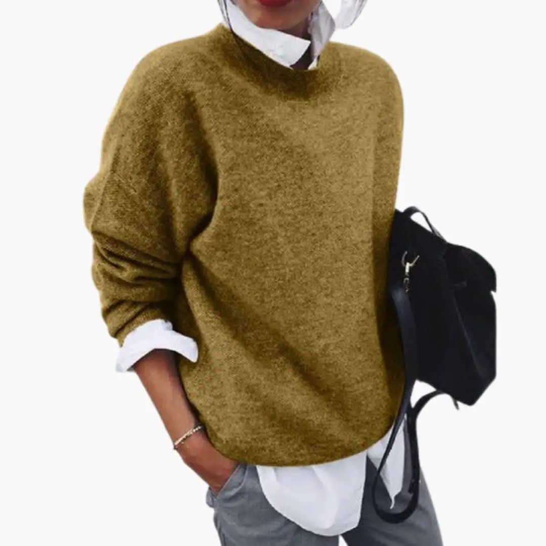Women's pullover sweater in camel knit with crew neck and long sleeves