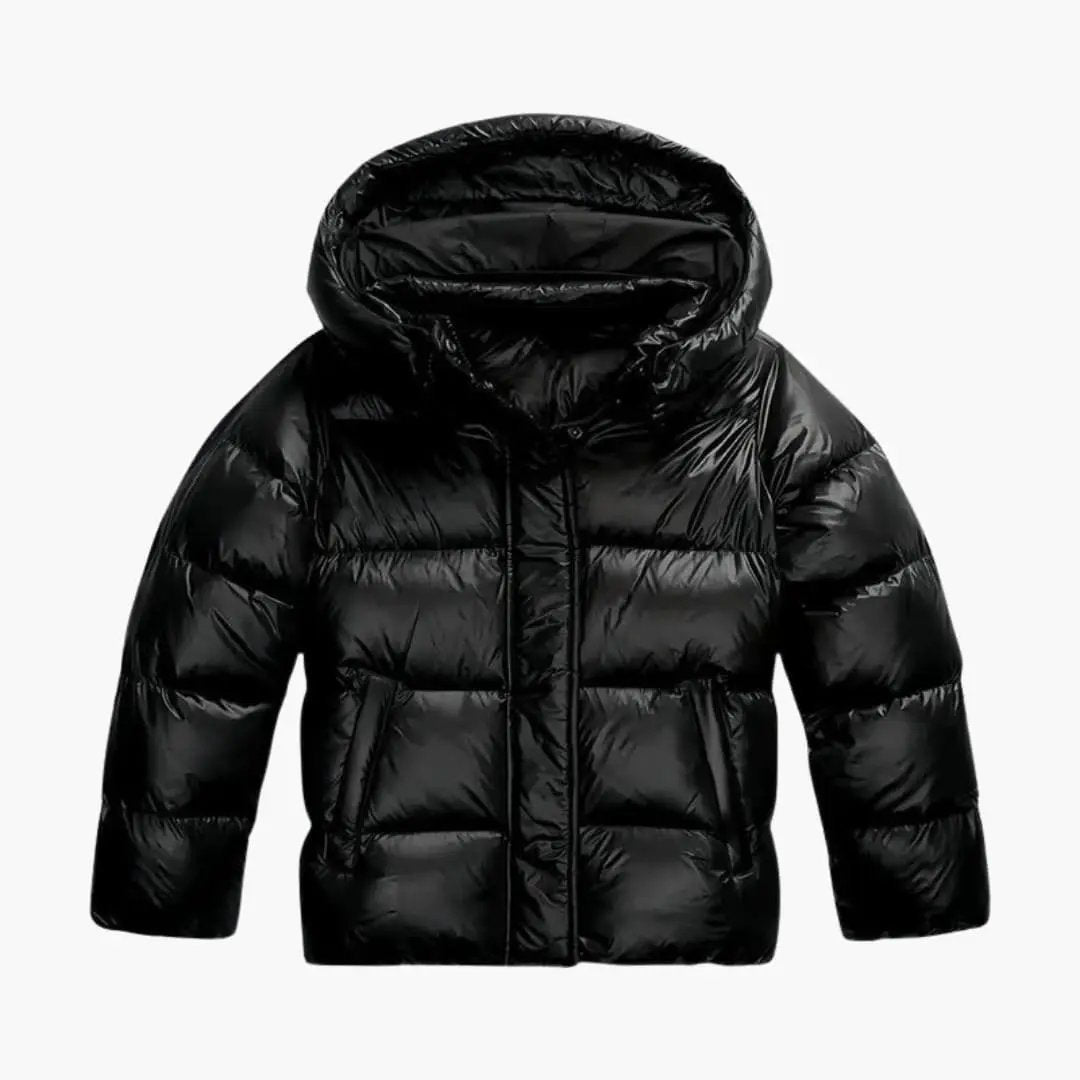 Women's black quilted hooded jacket with front pockets, puffer-style.
