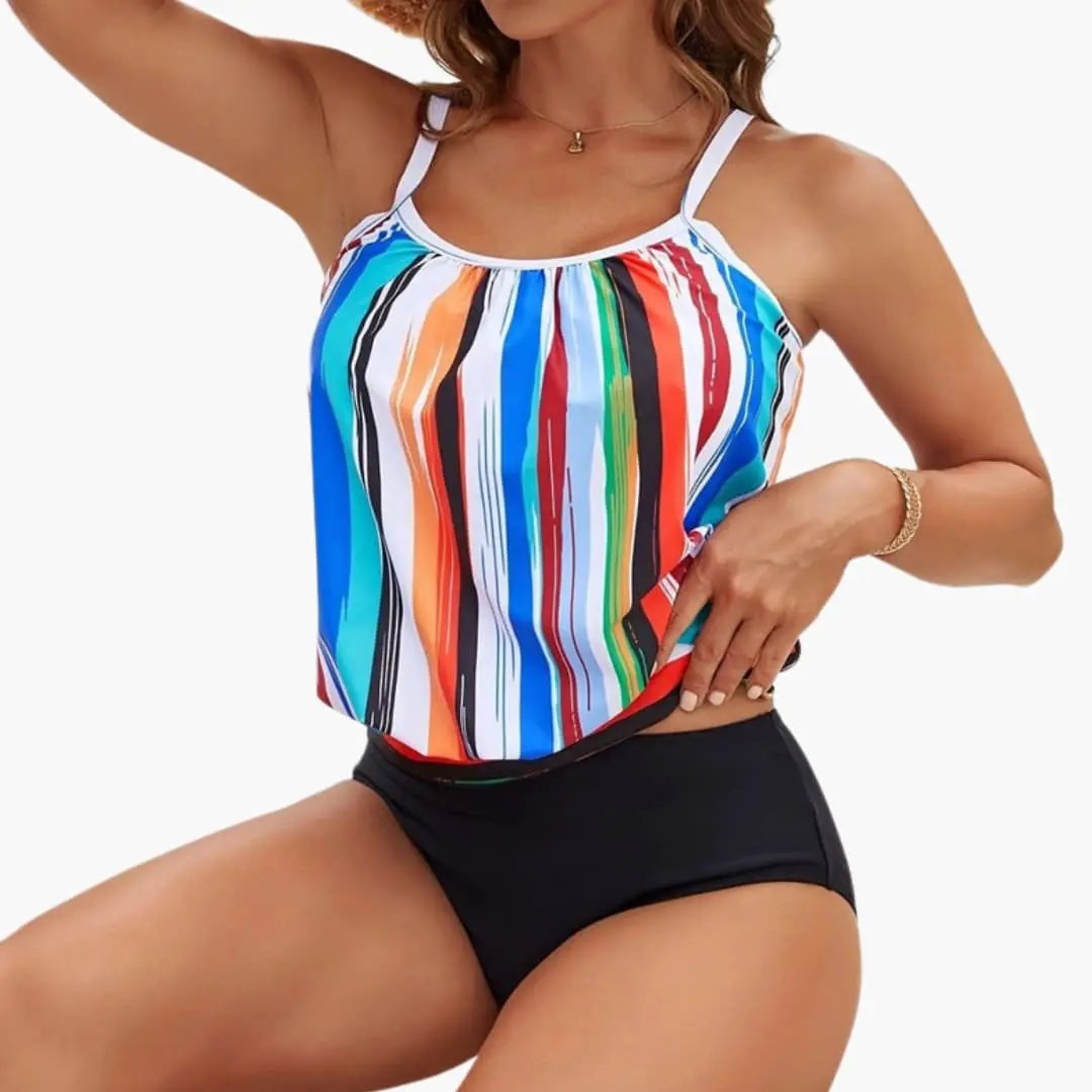 Women’s Relaxed Fit Swim Top with Adjustable Straps, colorful striped sleeveless top