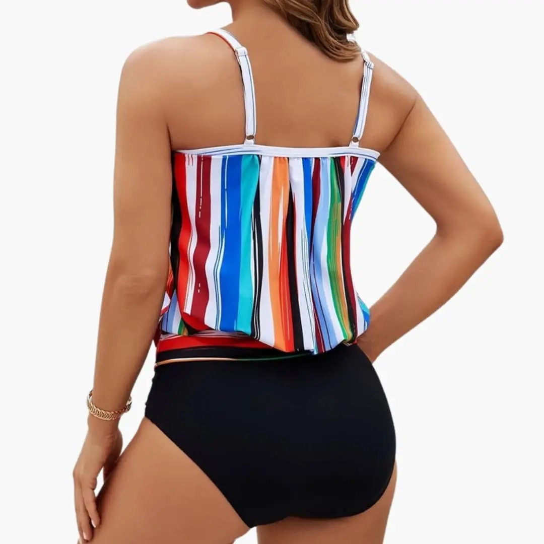 Women's Relaxed Fit Swim Top with Adjustable Straps, colorful striped print, back view