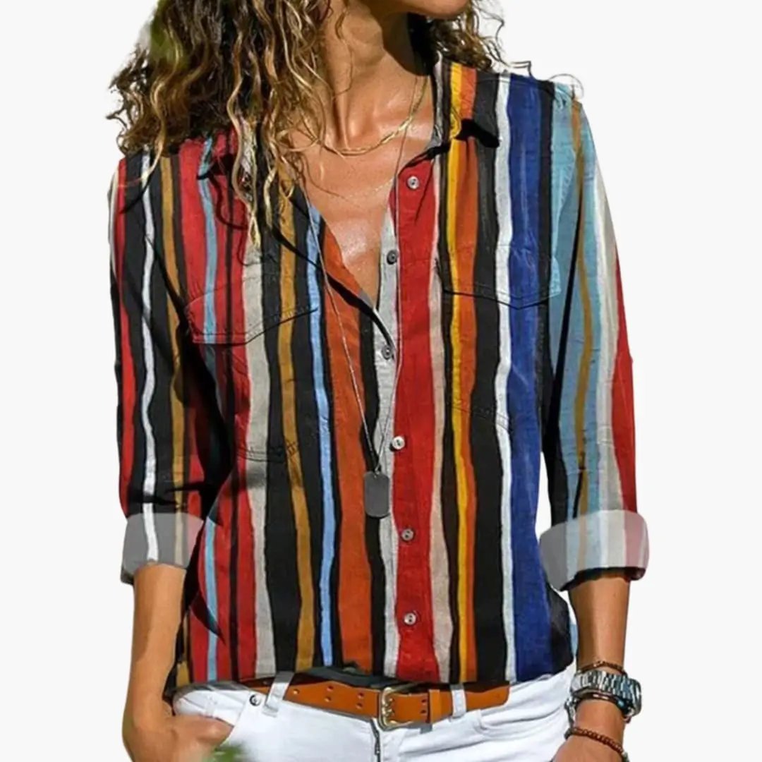 Women’s Relaxed Long Sleeve Crew Neck Shirt by Wilfred Smith, woven striped multicolor top