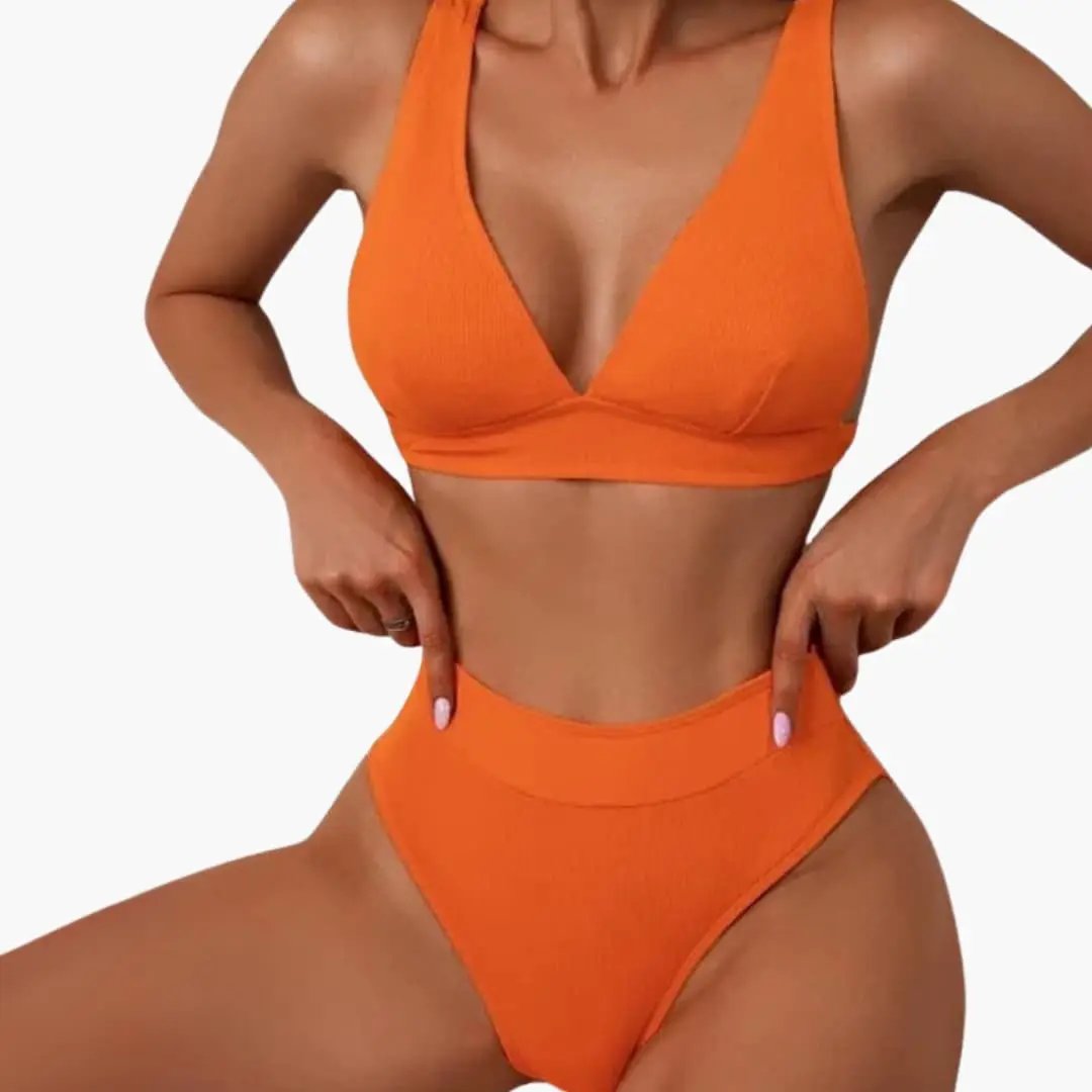 Women’s Ribbed Two-Piece Bikini Set in orange with wide-strap top and high-cut bottom.