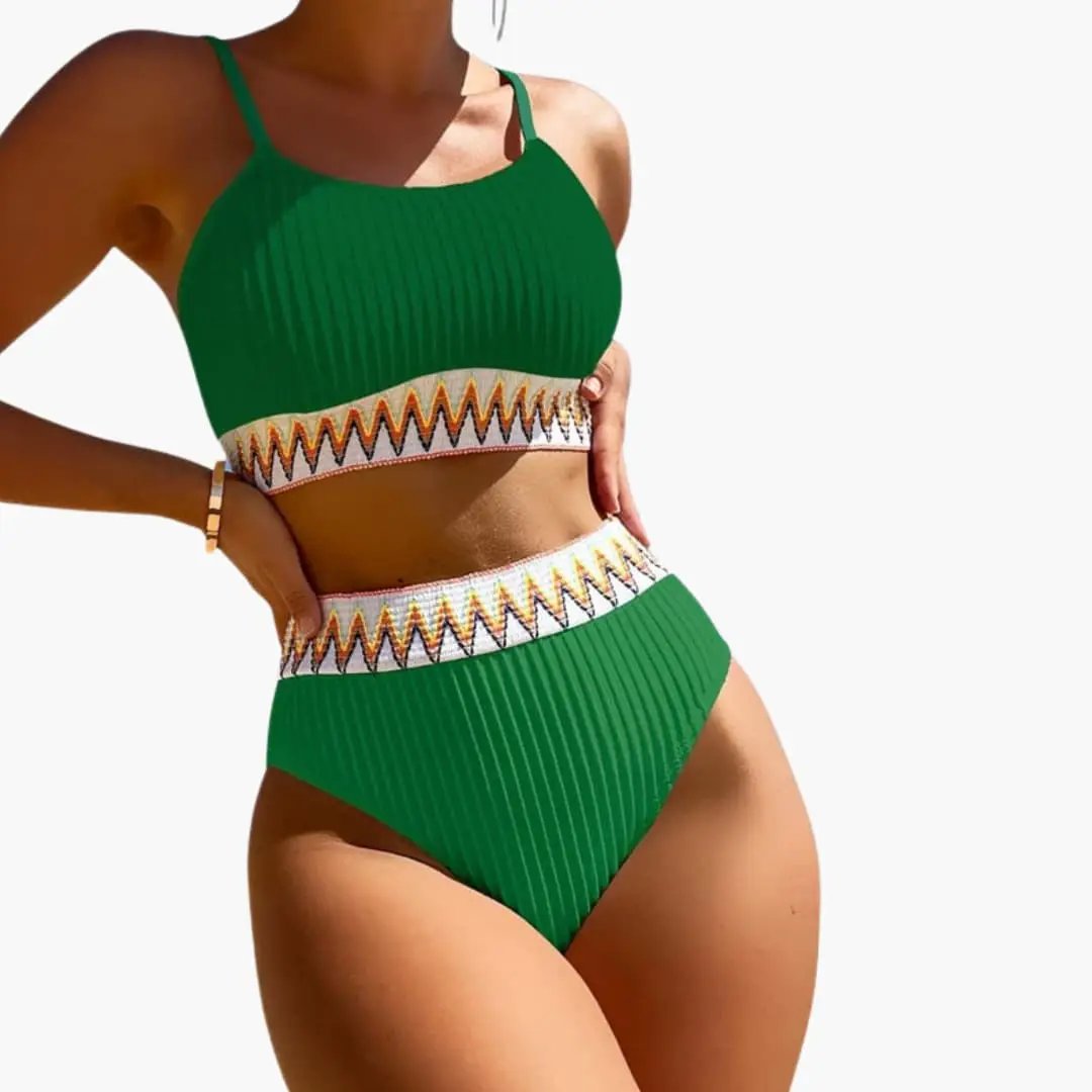 Women’s ribbed high-waisted bikini set with padded crop top, green two-piece with zigzag waistband