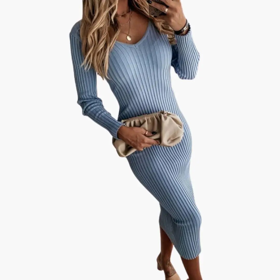 Women’s ribbed long-sleeve midi dress by Wilfred Smith with round neckline in blue knit.