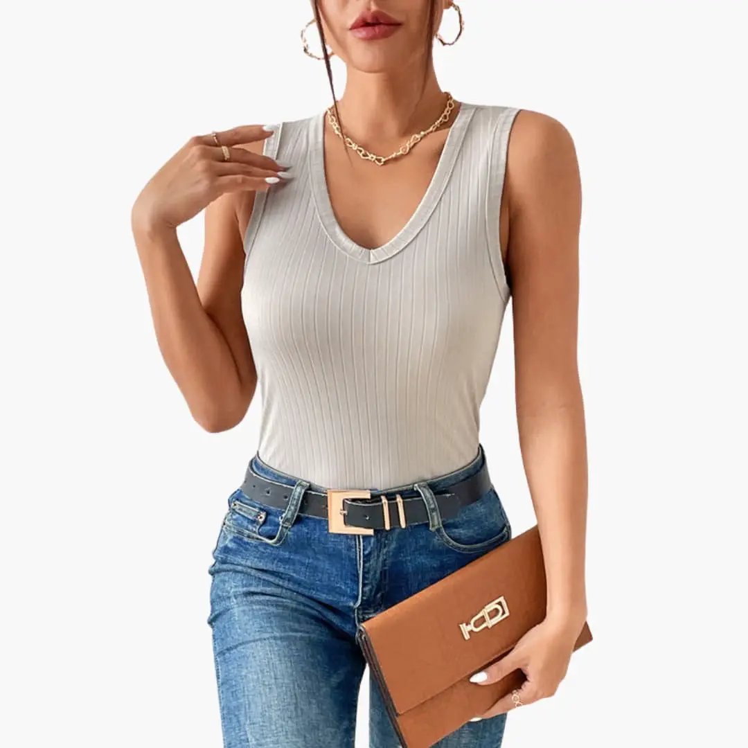 Women's ribbed V-neck sleeveless tank top in light gray by Wilfred Smith