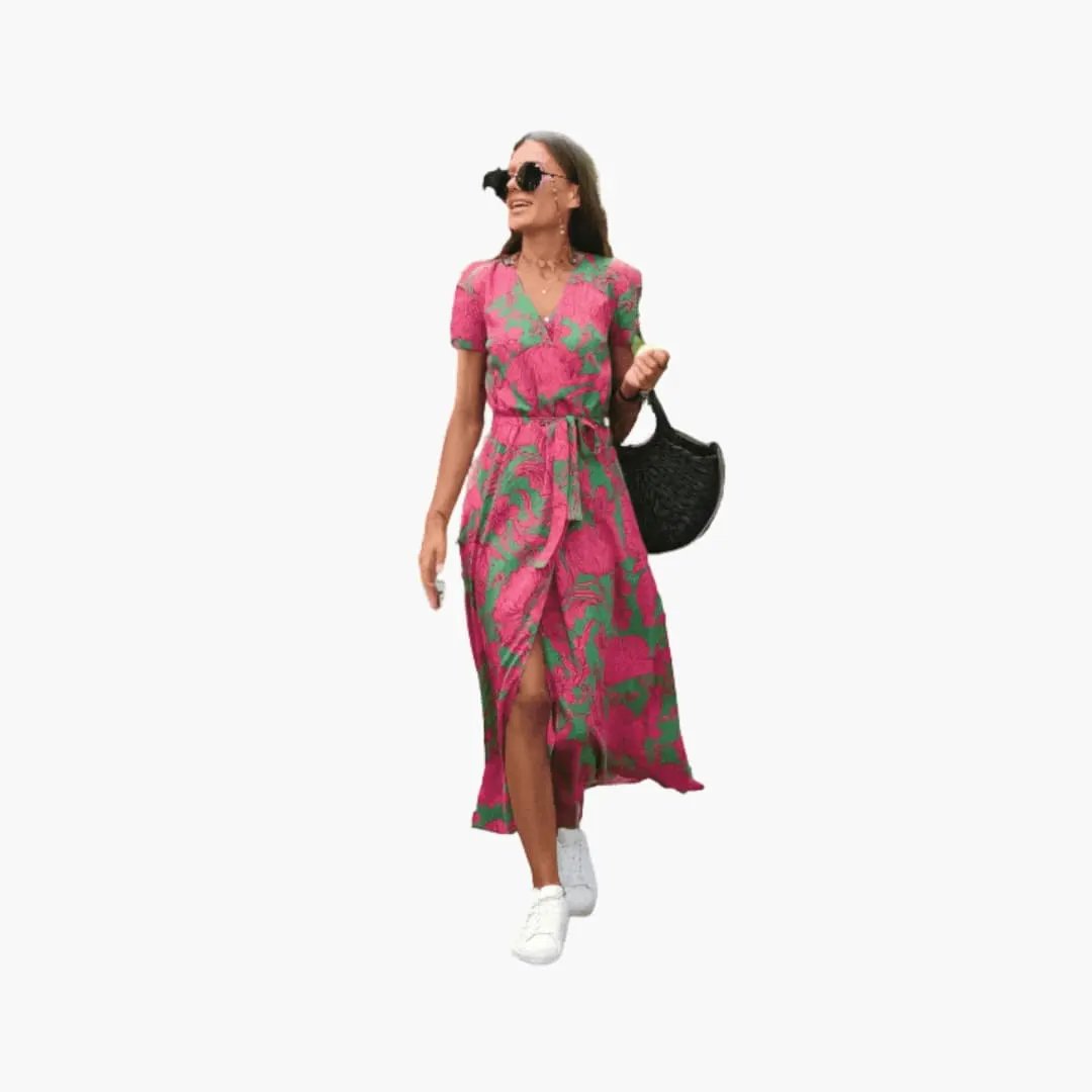 Women's round-neck dress in pink with a green floral pattern, belted waist, mid-calf length