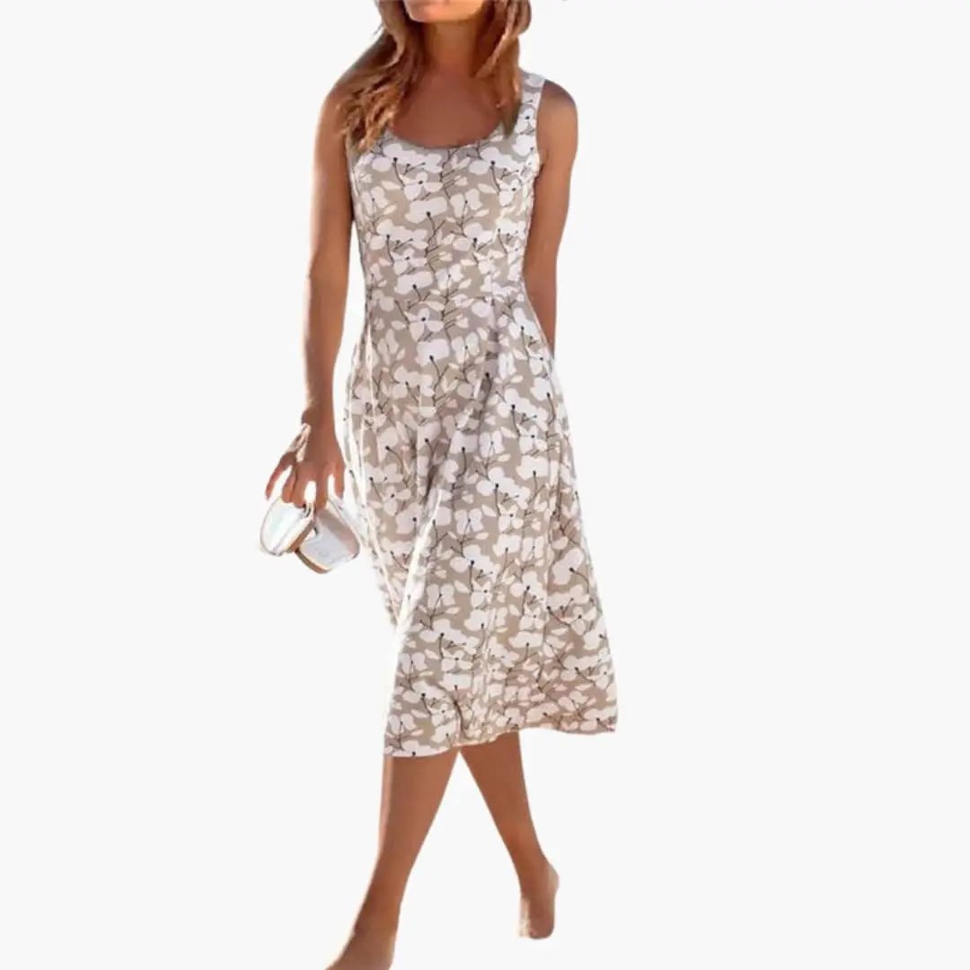 Women's Round Neck Floral Dress, sleeveless beige midi with white floral print