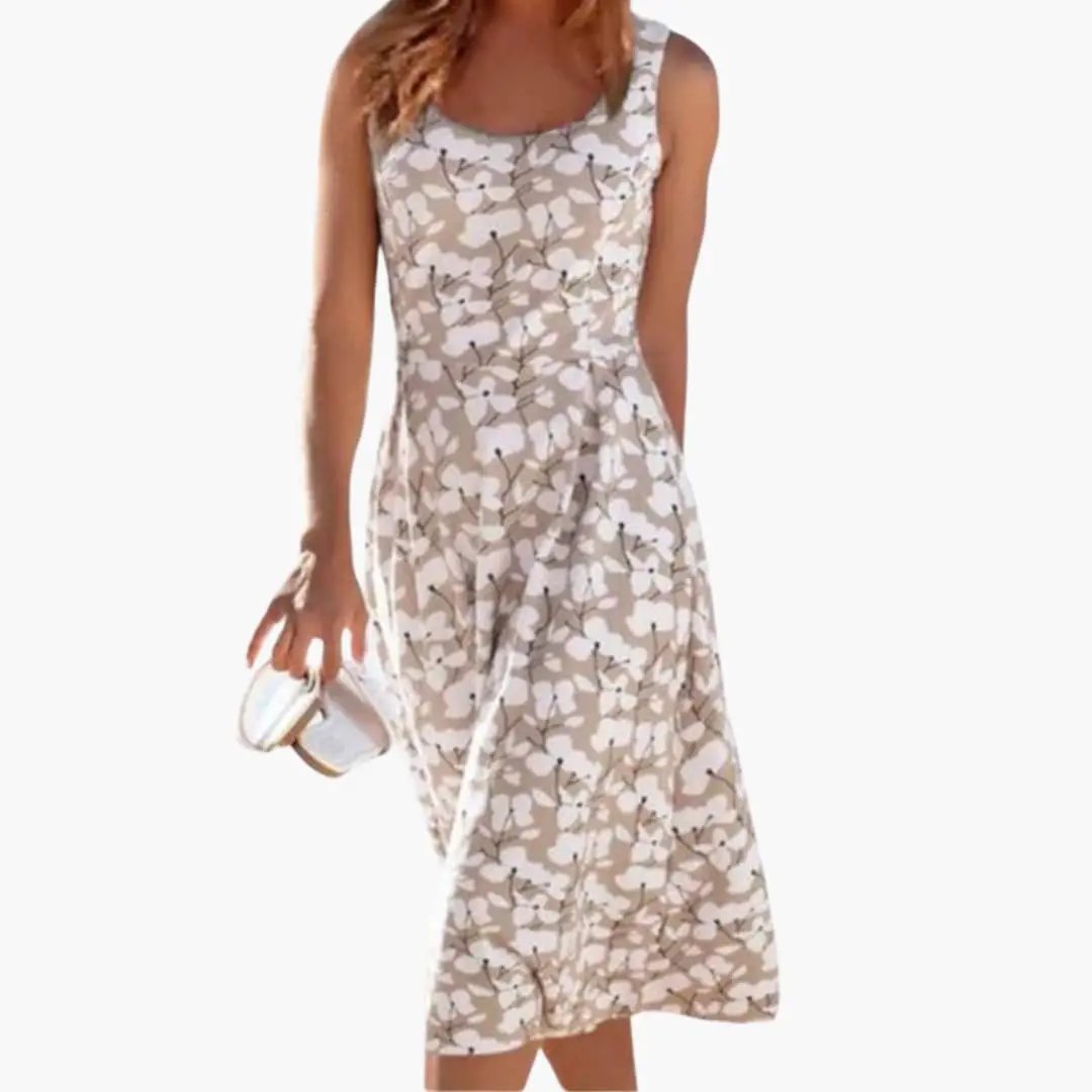 Women’s Round Neck Floral Dress, beige floral print, sleeveless, by Wilfred Smith
