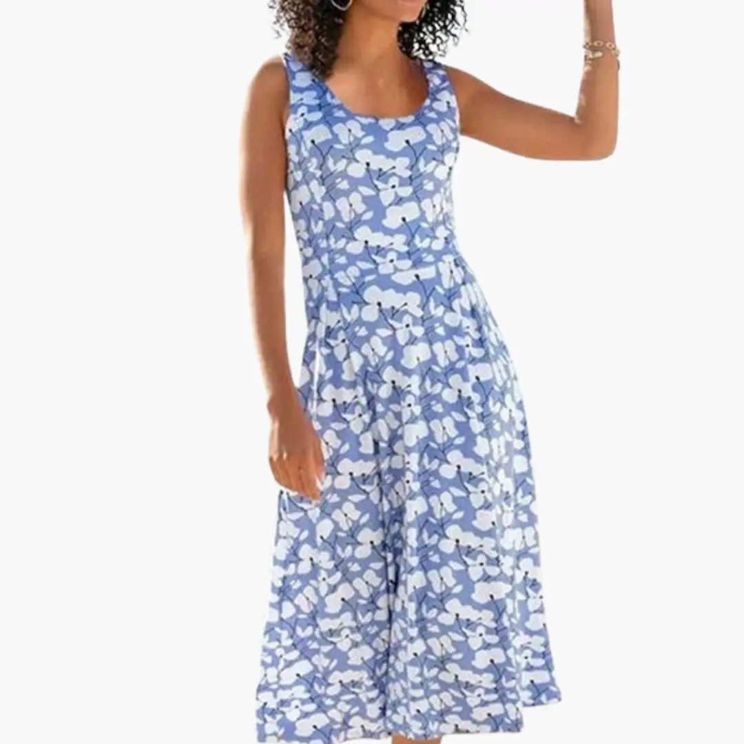 Women’s round-neck sleeveless floral dress by Wilfred Smith in blue and white