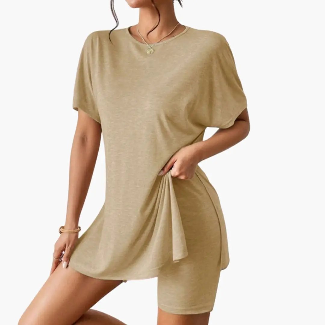Women's Round Neck T-Shirt and Elastic Waist Shorts Two-Piece Set in tan
