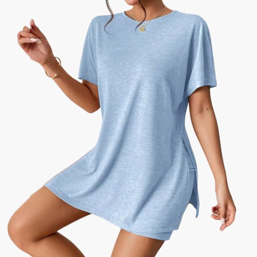Women's round-neck T-shirt and elastic-waist shorts two-piece set in light blue, Wilfred Smith