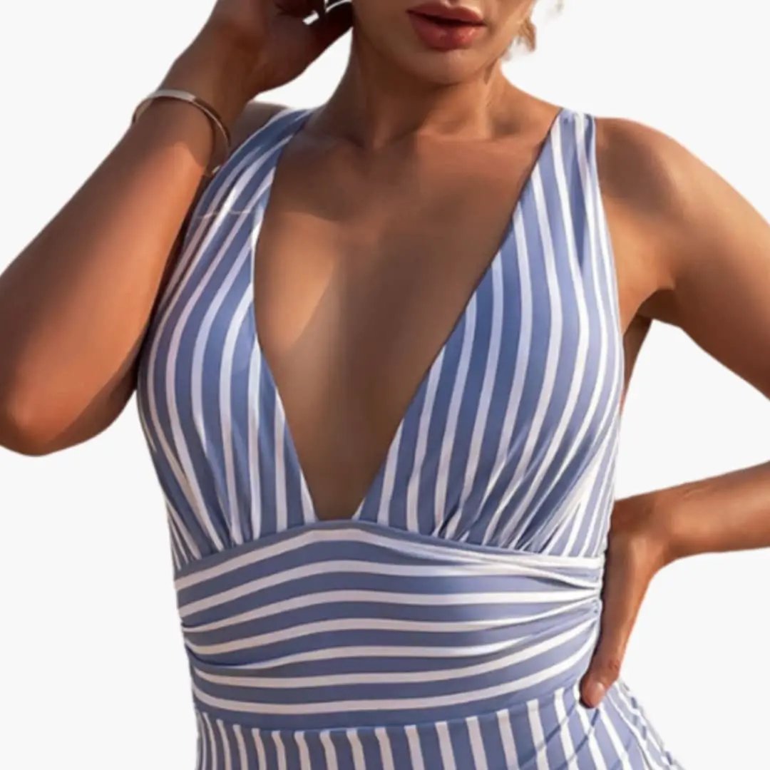 Women’s Ruched One-Piece Swimsuit in blue and white vertical stripes with scoop neck and wide straps, Wilfred Smith