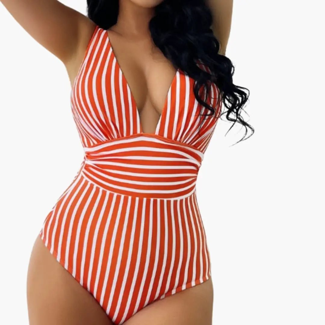 Women’s ruched one-piece swimsuit in orange and white stripes with scoop neck and wide straps