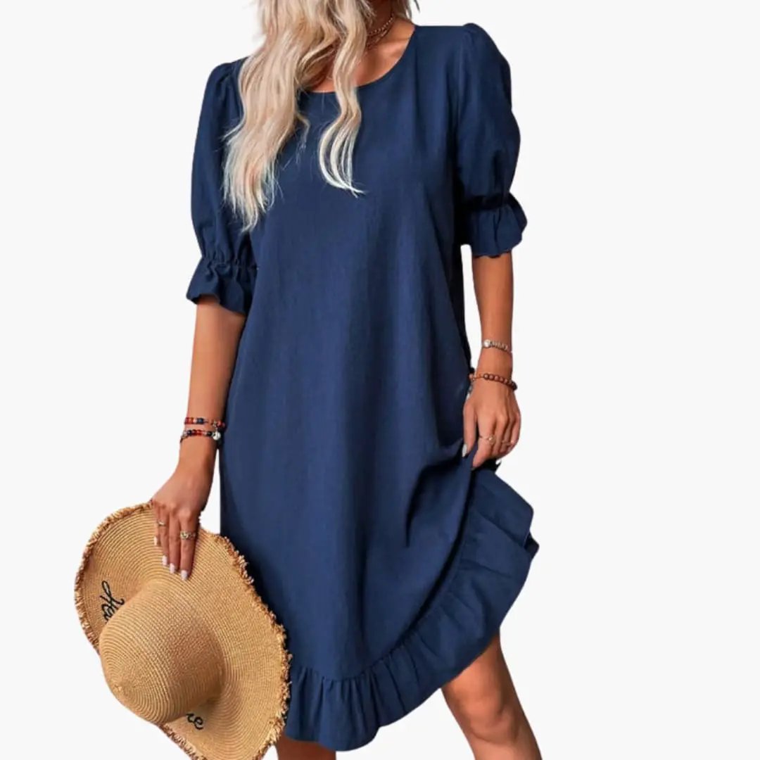 Women’s Ruffle Sleeve Midi Dress, navy; puff sleeves, ruffled hem, dress and straw hat