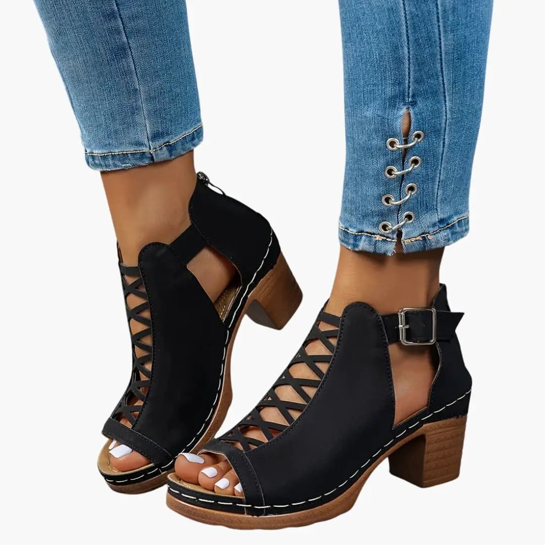Wilfred Smith women's sandals with adjustable straps, black open-toe lace-up design and cushioned footbed