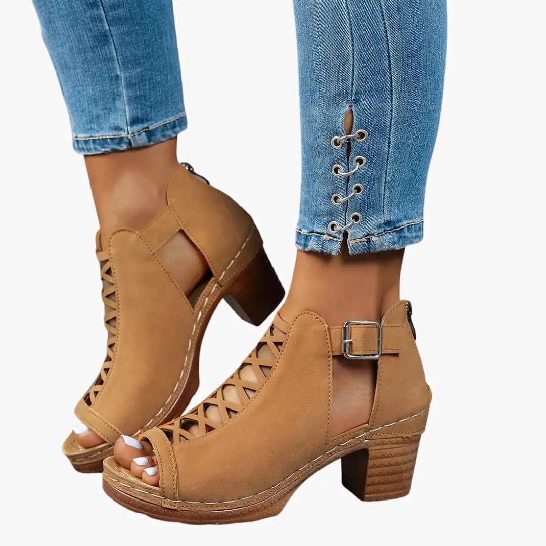 Women's Sandals with adjustable ankle strap and lattice-cut front in tan brown, open toe, wedge heel