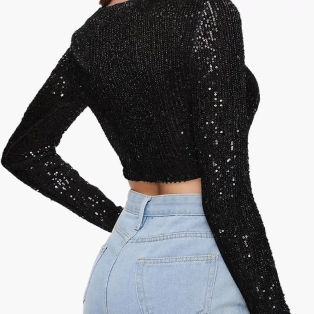 Women's sequin round-neck top by Wilfred Smith, black long-sleeve cropped sweater