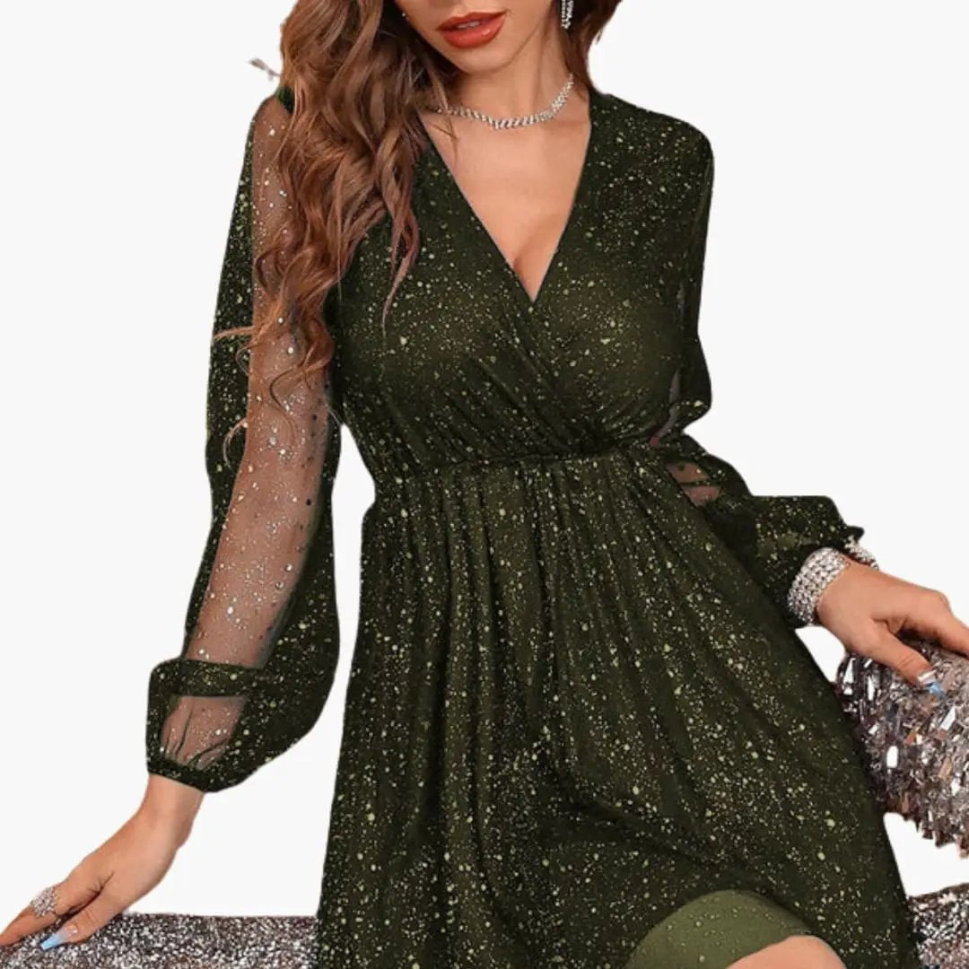 Women’s short sequin dress in olive green with a V-neckline and sheer long sleeves