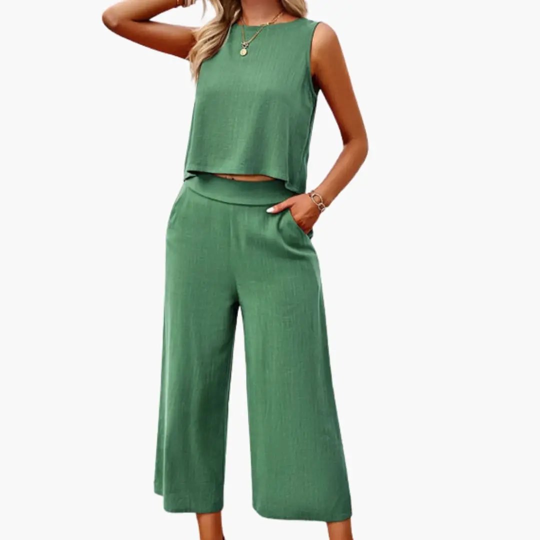 Women's short-sleeve button-front jumpsuit in green with wide-leg cropped pants