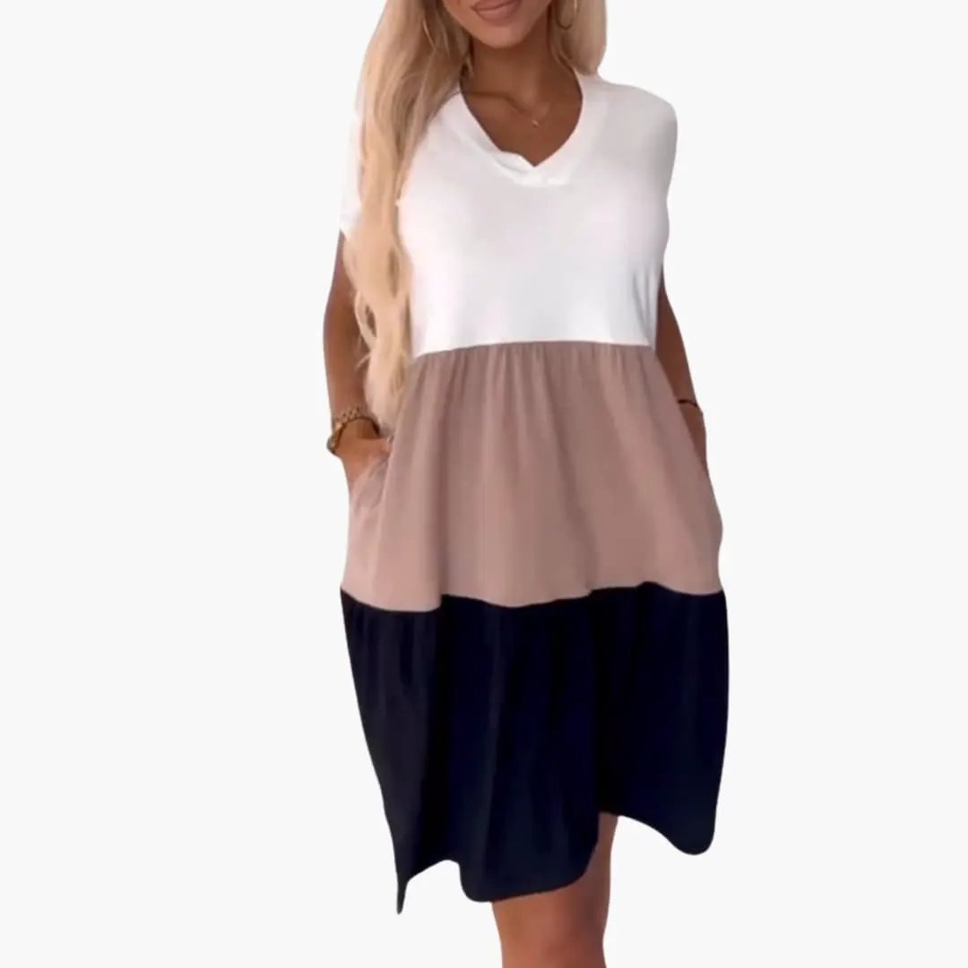 Women’s Short Sleeve Gradient Print Dress by Wilfred Smith; white top, beige mid, navy bottom, loose-fit.