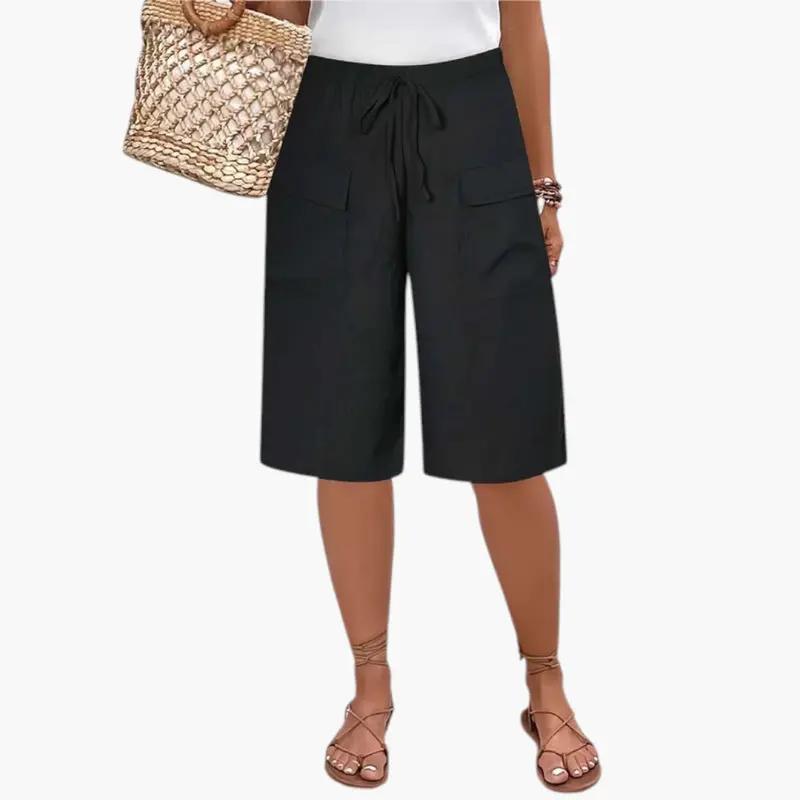 Women's black Bermuda shorts with drawstring waist and front pockets