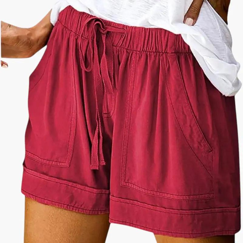 Women's burgundy jogger shorts with drawstring waistband, front pockets, relaxed fit — Wilfred Smith