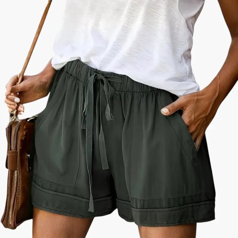 Wilfred Smith women's jogger shorts with drawstring waistband in olive green, relaxed fit with front pockets
