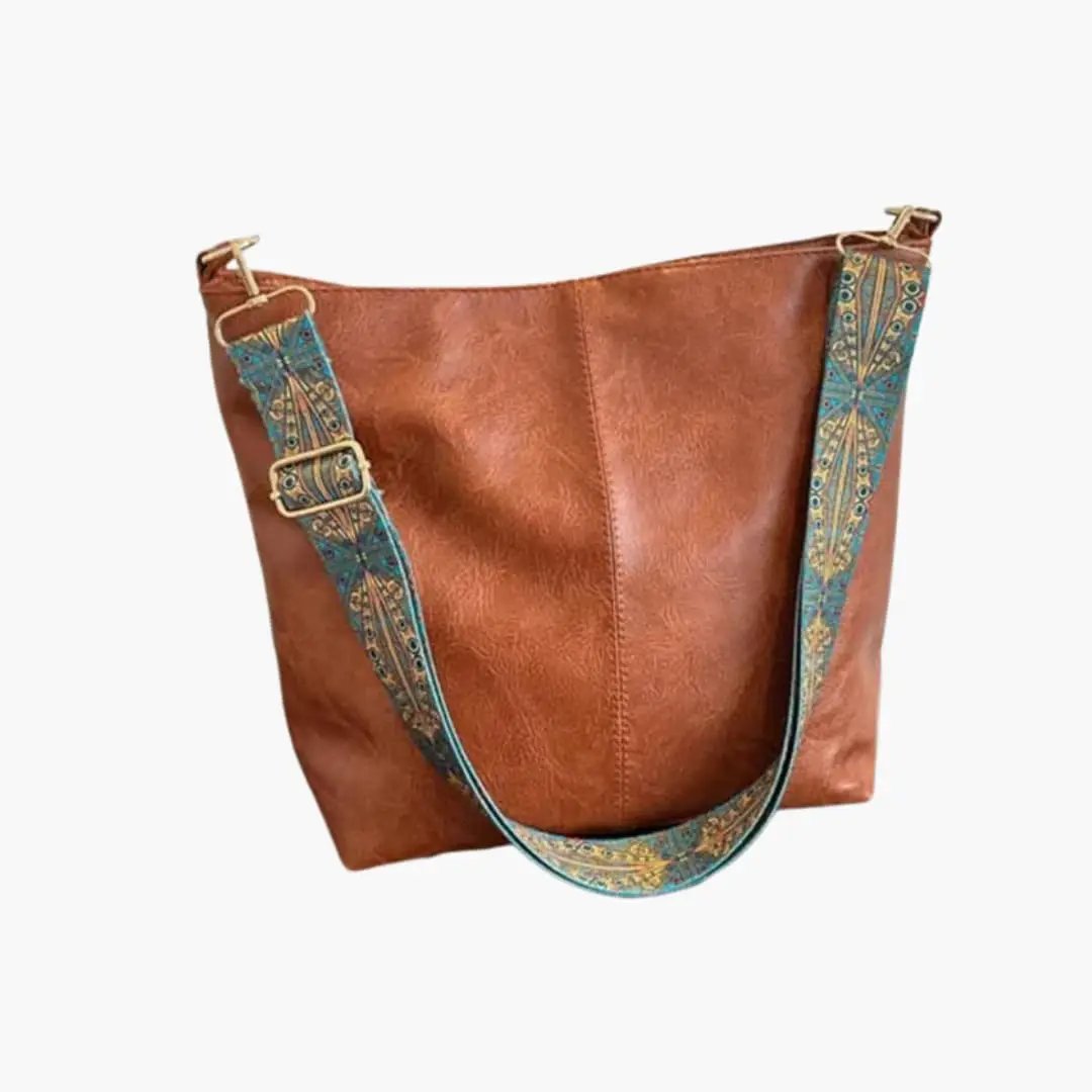 Women's Shoulder Bag with Flap Closure and Adjustable Strap, brown leather with a blue-green patterned strap