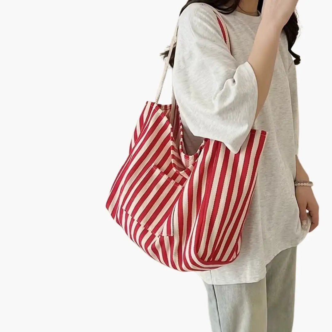Women's shoulder bag with red and white striped fabric, large capacity